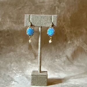 Elegant 9K Solid Good Blue Opal and Pearl Drop Earrings